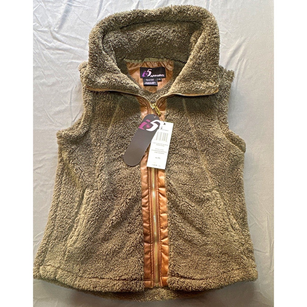 i5 Apparel Brown Fleece Vest XL Full Zip, Hidden Hood, Pockets, Unisex